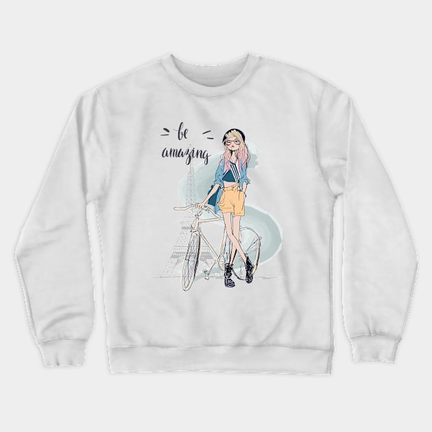 Girl with bike Crewneck Sweatshirt by EveFarb